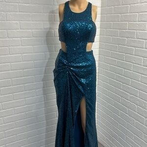 Ballroom sexy Dancing Dress teal blue formal dress Prom Dress with slit size 4